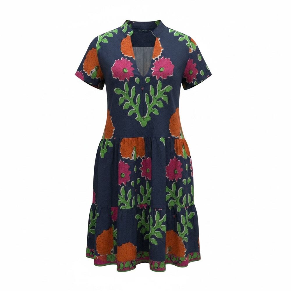 LA Plage Navy Floral Beach Coverup Mini Dress Large Short Sleeve Cotton Tiered